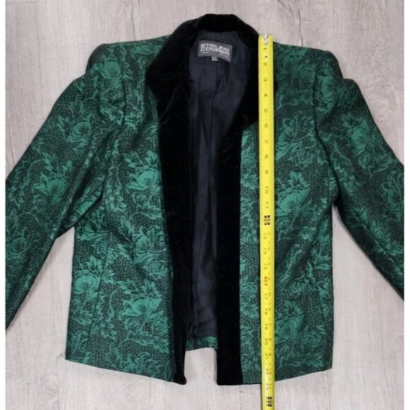 VINTAGE 80s Black Green Wool Velvet floral blazer Jaquard Brocade size 8/9 - Picture 4 of 7